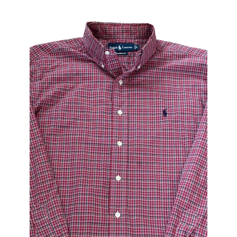 Ralph Lauren Mens Classic Fit Plaid Button Down Shirt Red Blue Large